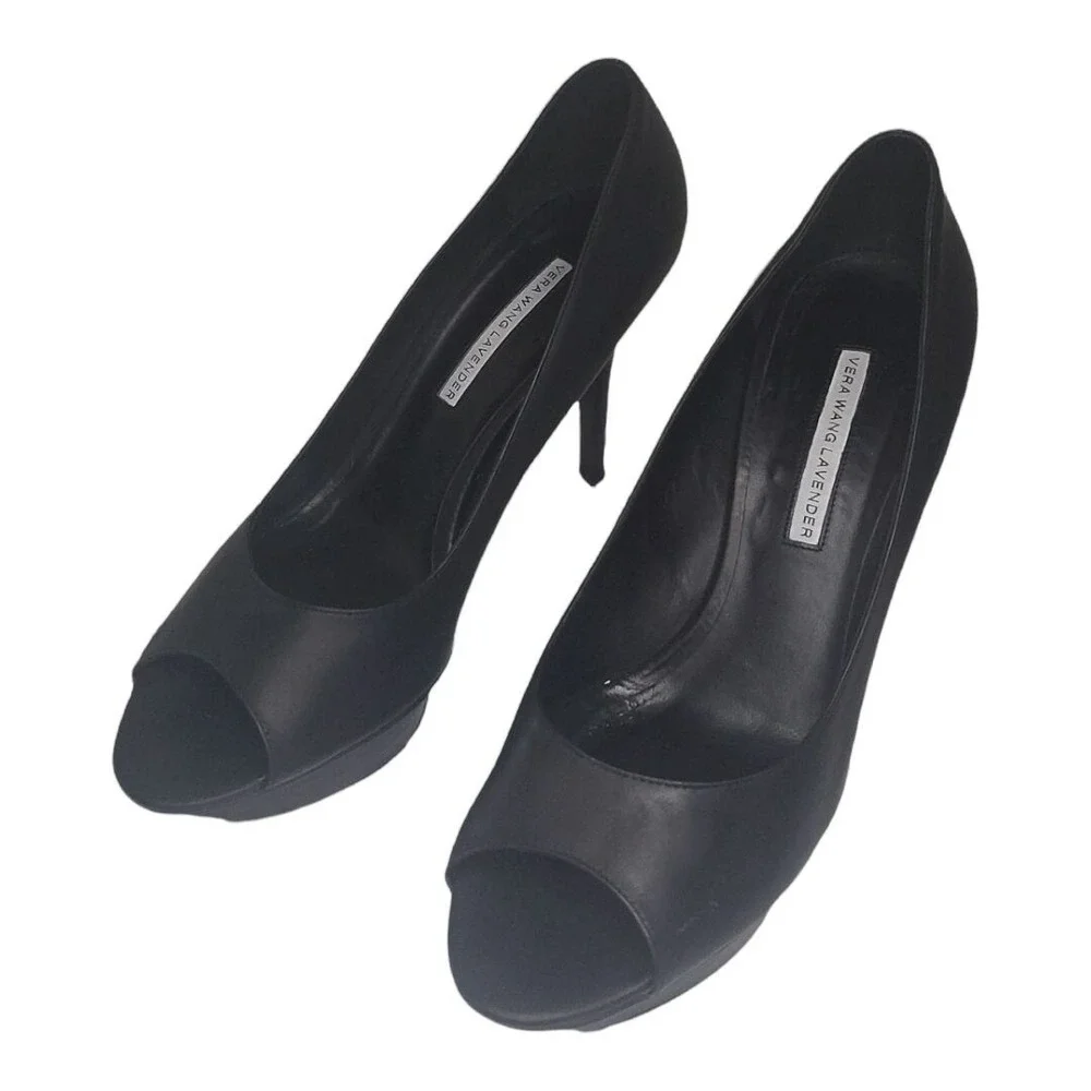 Vera Wang Lavender Label Pumps‎ 9.5 M Black Leather Peep Toe Stiletto Heels Work